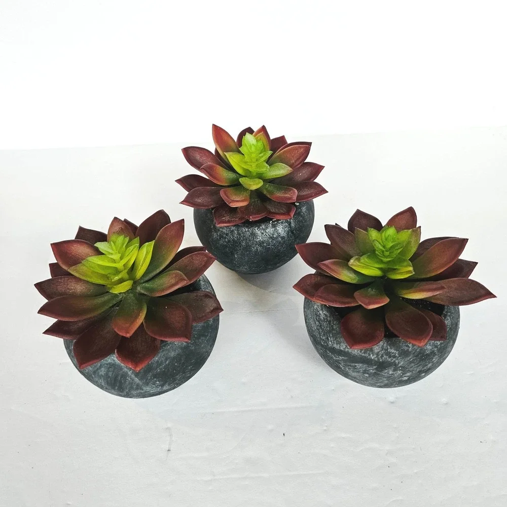 3pc Faux Succulent Artificial Plants in Round Stone Look Pots Modern Home Decor